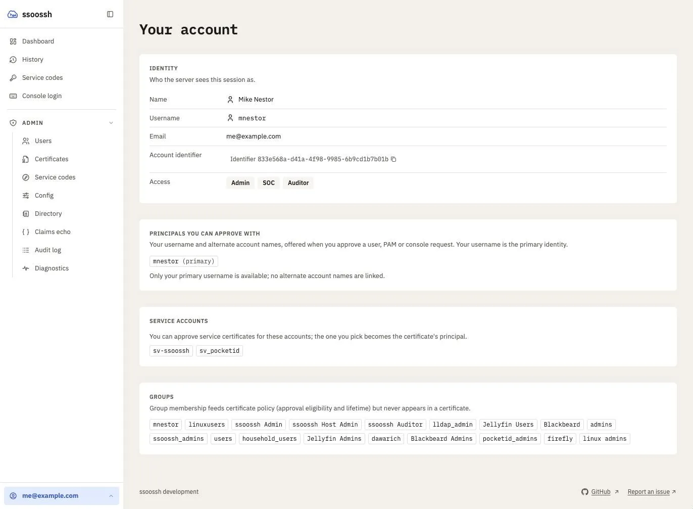 The account page: an Identity card with name, username, email, account identifier and an Access row of Admin, SOC and Auditor badges; a card of the principals you can approve with; a Service accounts card; and a Groups card of group chips