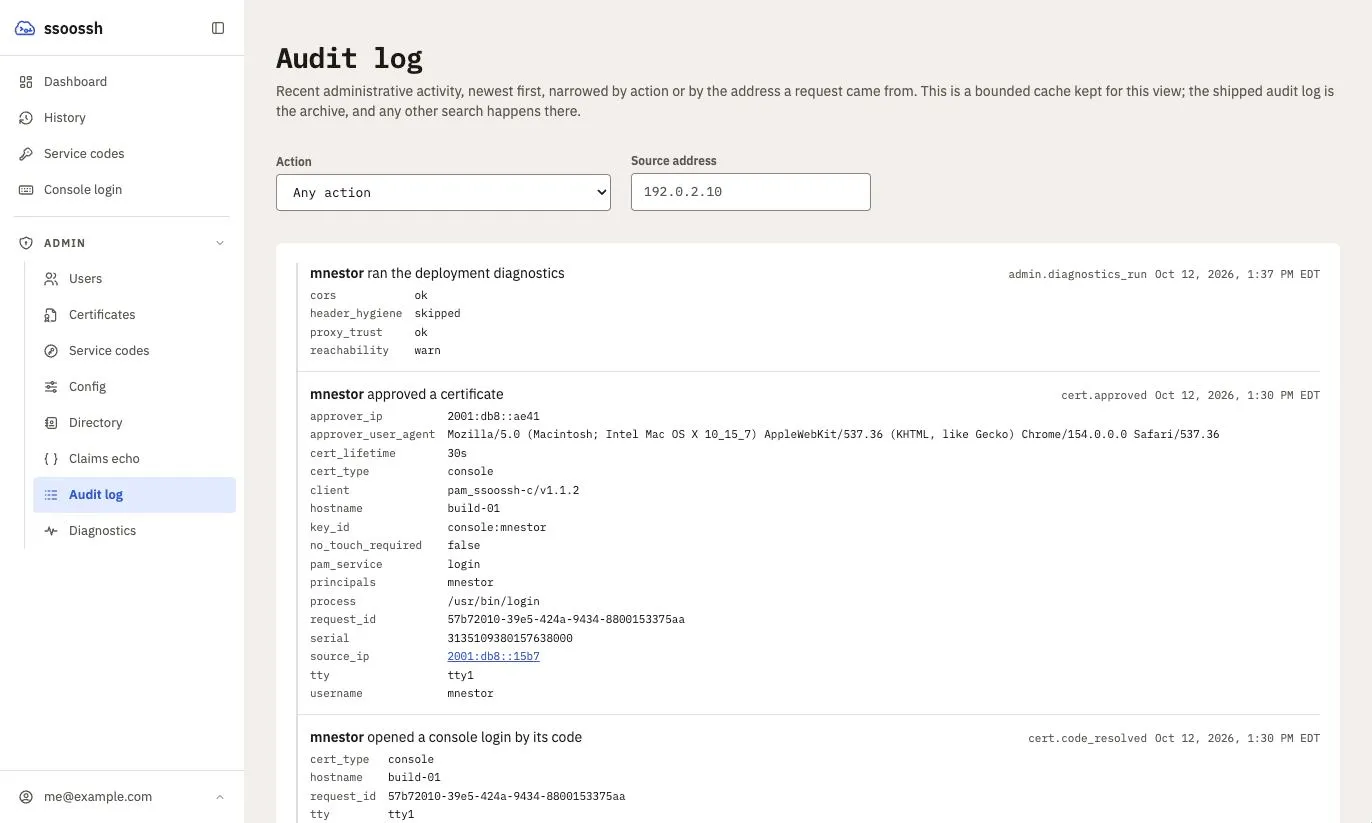 The Audit log page: Action and Source address filters, then recent events newest first, each with an actor, a plain-language action, the action name and time, and the event’s fields listed underneath
