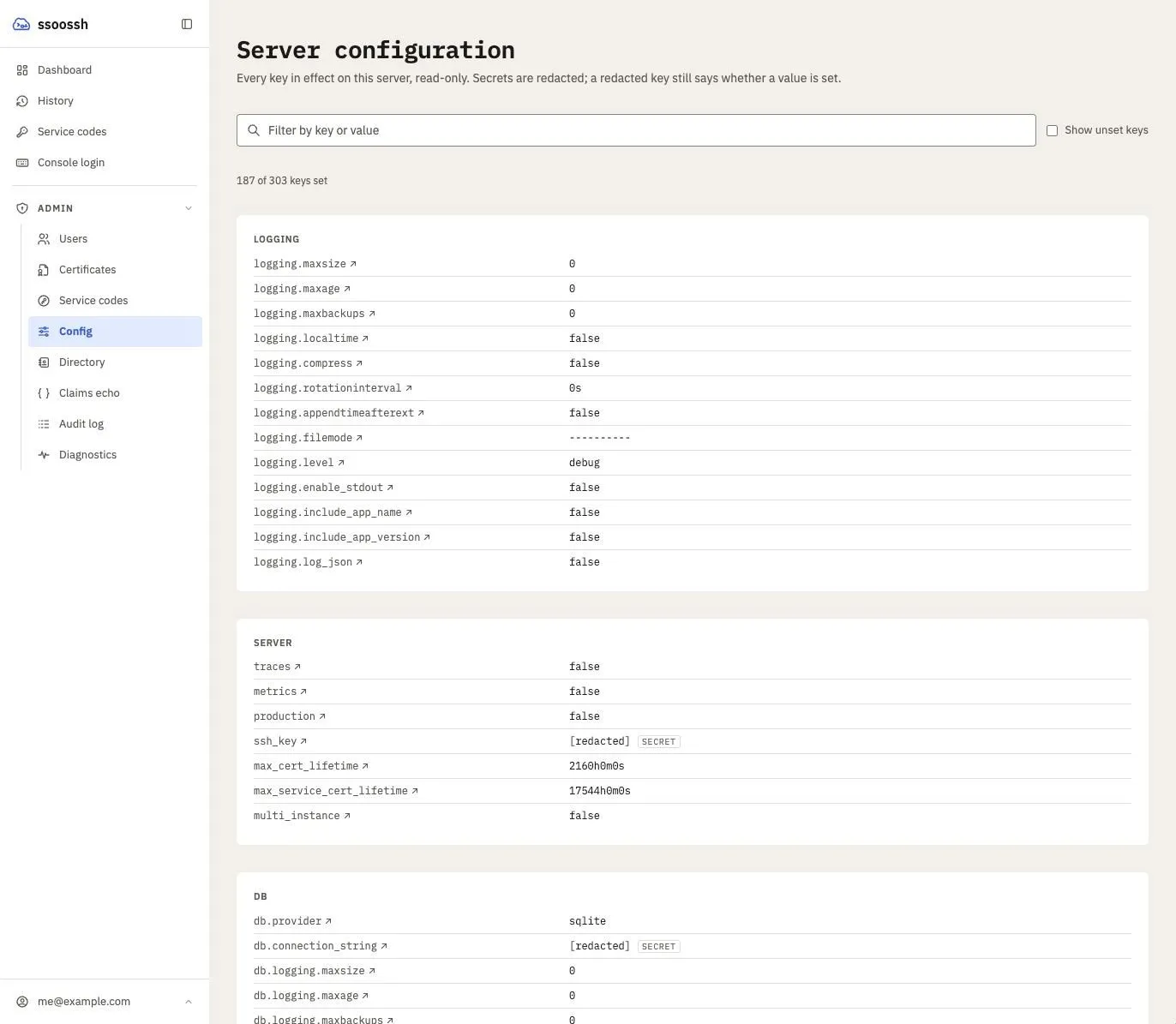 The Server configuration page: a filter box, a “Show unset keys” toggle, a count of keys set, and cards per section listing each key and value, with ssh_key and db.connection_string shown as [redacted] with a SECRET tag