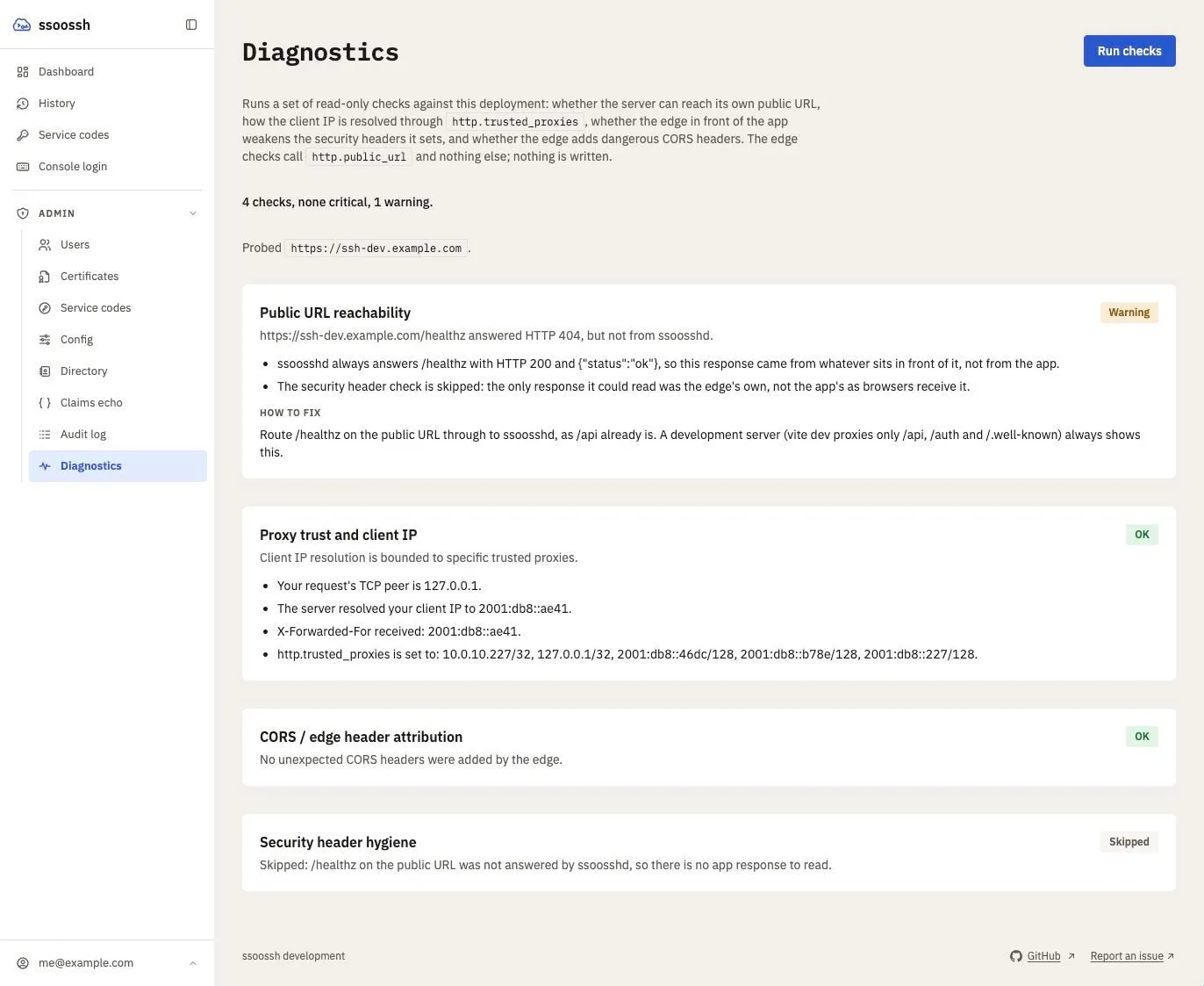 The Diagnostics page after a run: a summary of four checks with one warning, “Probed https://ssh-dev.example.com”, then four cards: Public URL reachability with a Warning badge and how to fix it, Proxy trust and client IP and CORS / edge header attribution each with an OK badge, and Security header hygiene marked Skipped