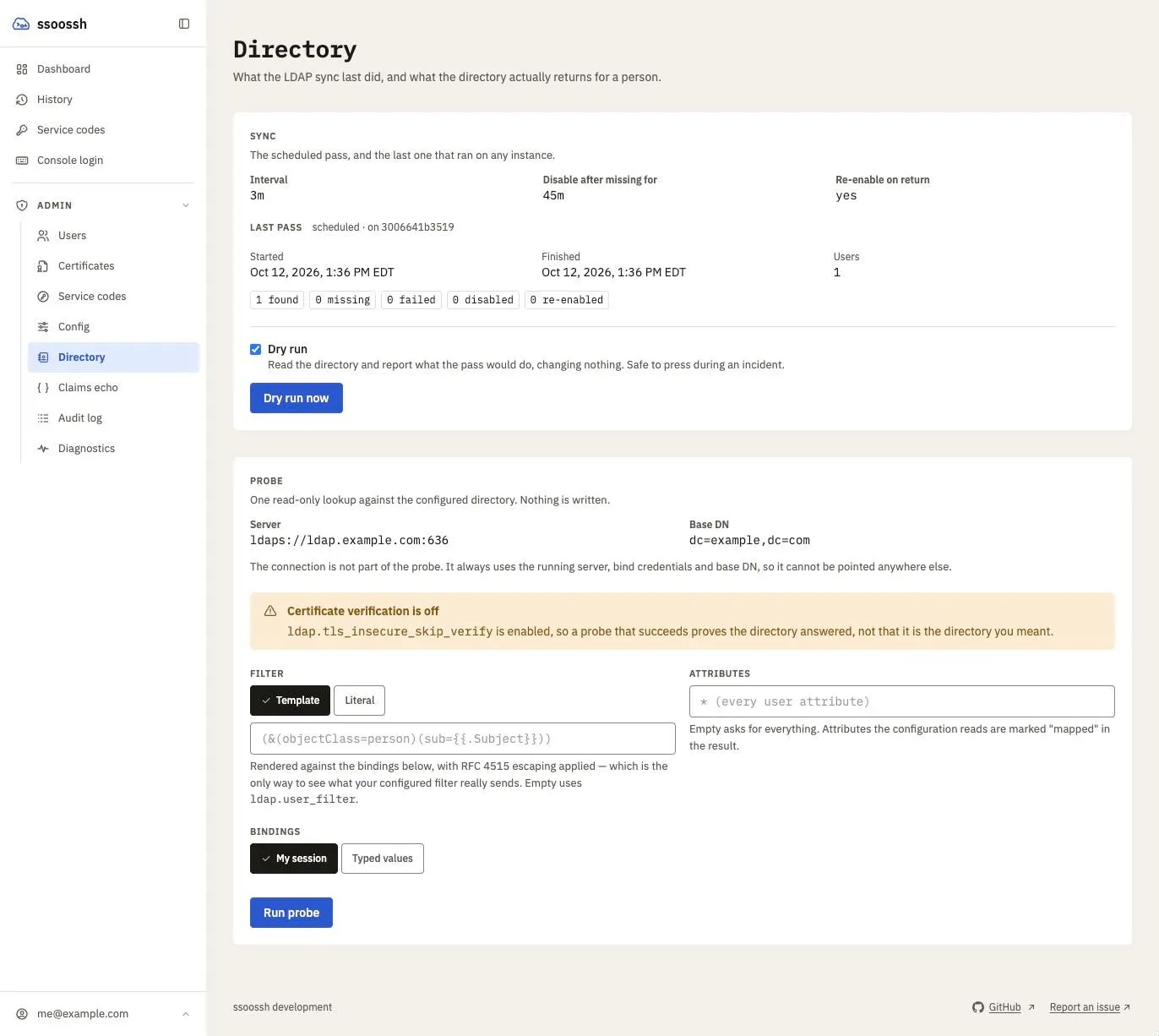 The Directory page: a Sync card with the interval, the missing-for threshold, a Last pass box with its start and finish times and found/missing/failed/disabled/re-enabled counts, a Dry run checkbox and a “Dry run now” button; below it a Probe card naming the server and base DN, a warning that certificate verification is off, a filter with Template and Literal modes, an attributes field, bindings, and a “Run probe” button