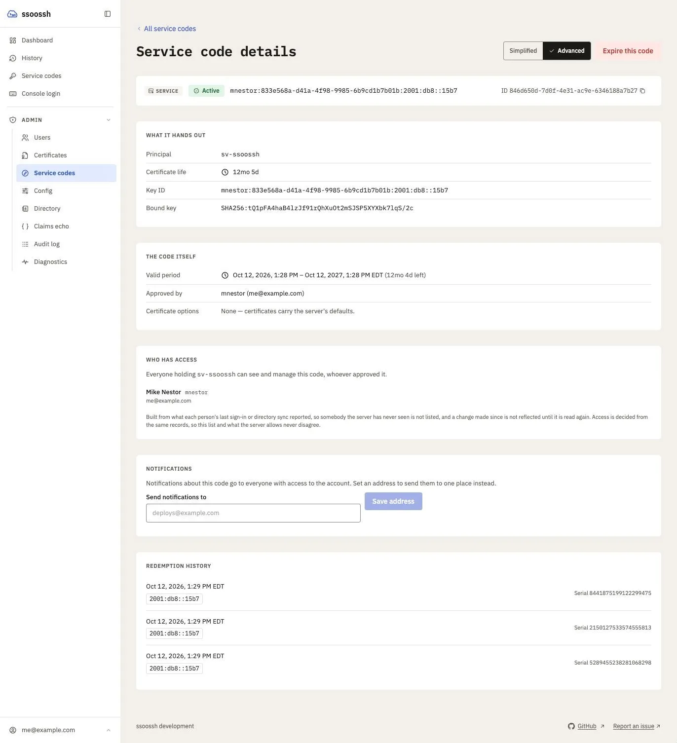 An admin’s view of a service code in the Advanced view: an Expire this code button, what it hands out, the code’s valid period and approver, who has access, a Notifications card with the address field, and the redemption history with the address and serial of each fetch