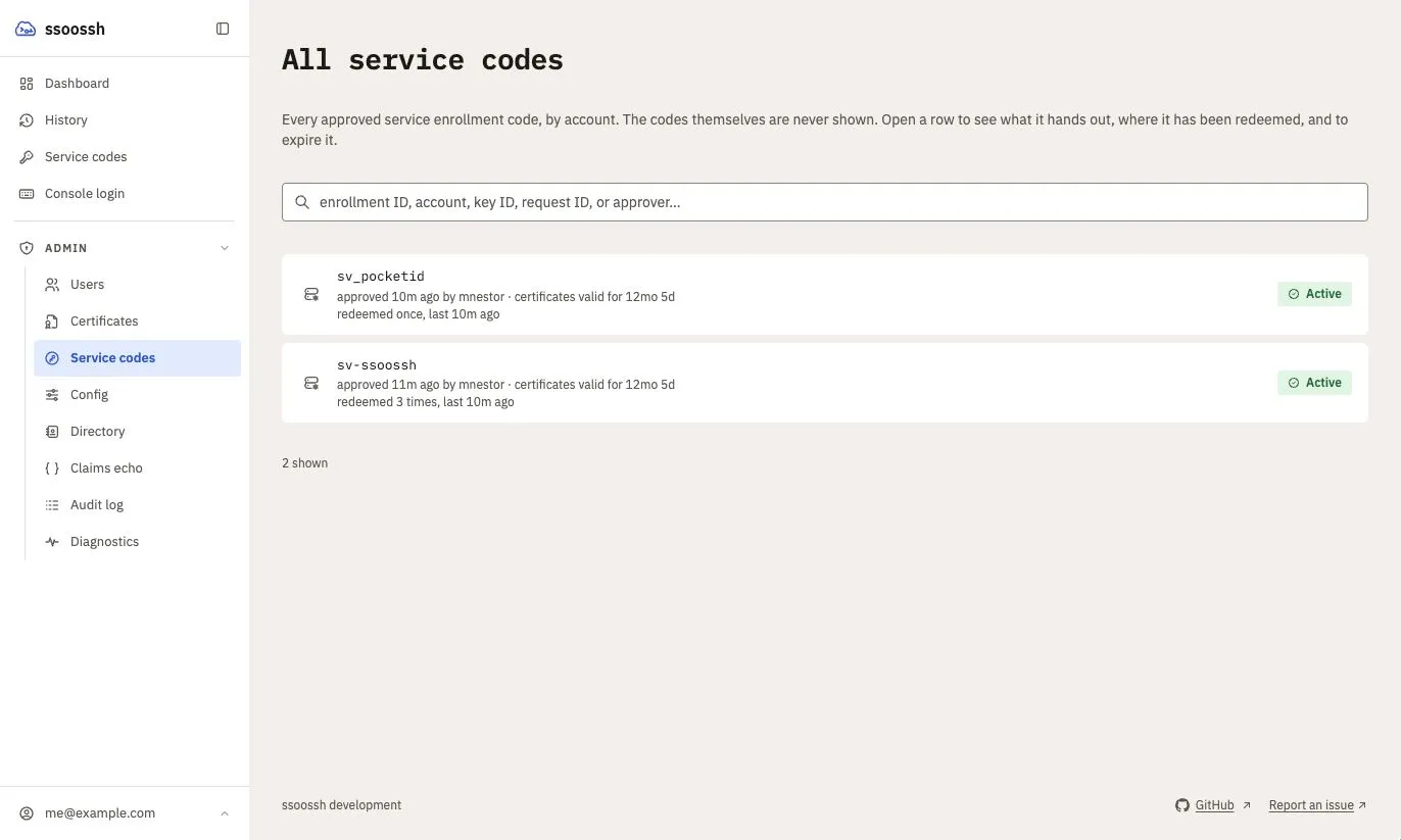 Admin, Service codes: a search box accepting an enrollment ID, account, key ID, request ID or approver, and a row per code summarising the account, who approved it and when, the certificate lifetime and its redemption count