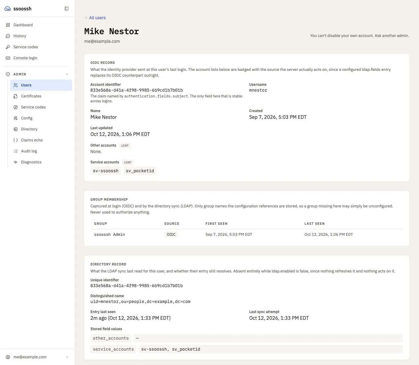 A user’s detail page: the OIDC record card with account identifier, username, name, created and last-updated times, and the other-accounts and service-accounts lists badged LDAP; a Group membership table with one OIDC row; and the Directory record card with the entry’s identifier, distinguished name, when it was last seen and the stored field values
