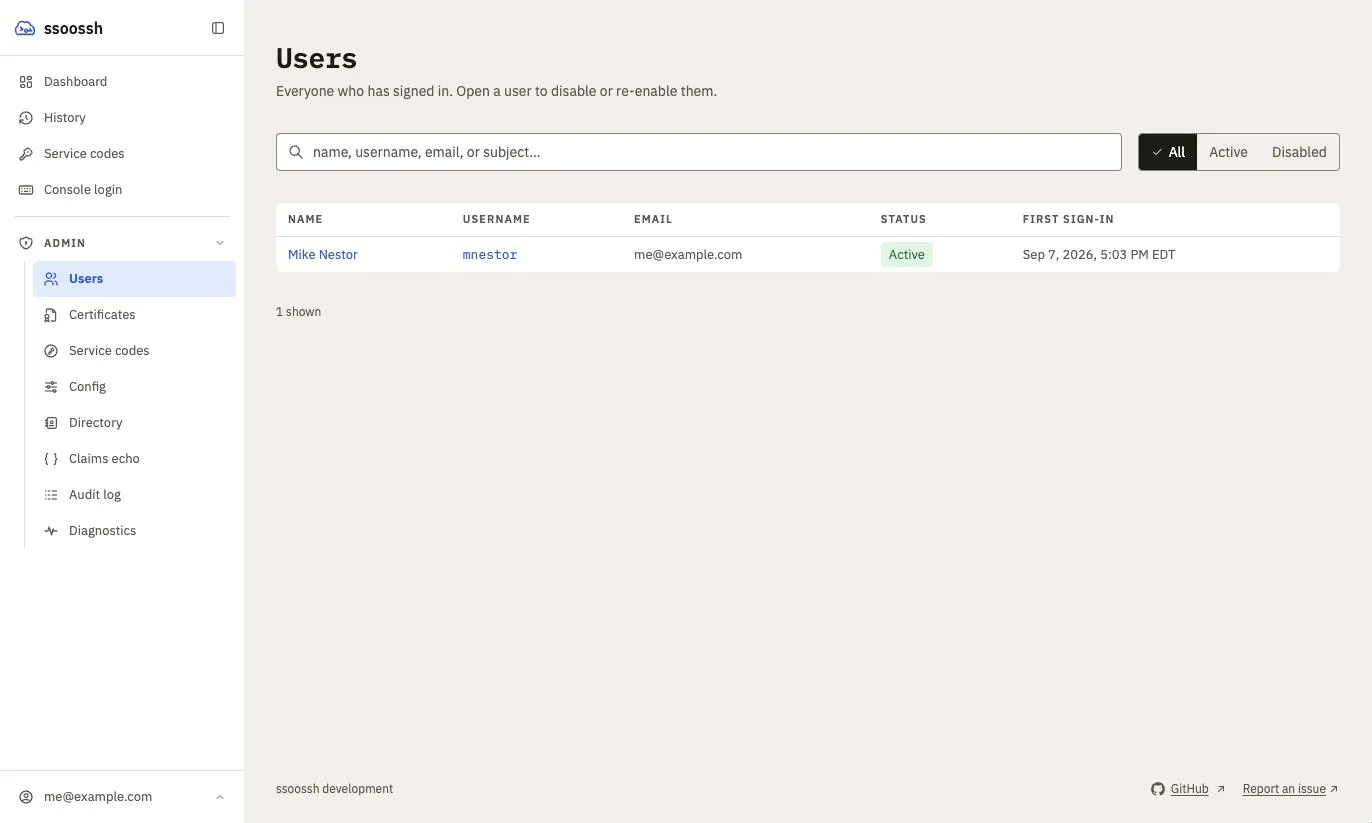 The Users page: a search box for name, username, email or subject, All/Active/Disabled filters, and a table of users with name, username, email, an Active status badge and the first sign-in time