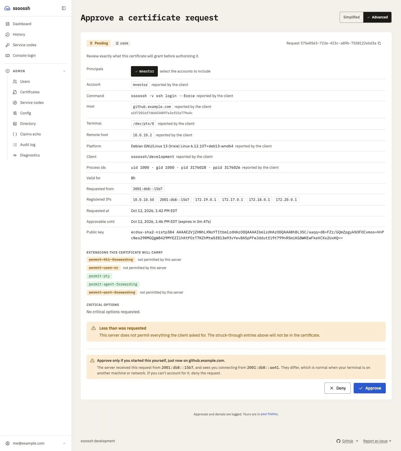 The approval page for a user certificate in the Advanced view: a Pending chip and the request ID, the principals to include as toggle chips, the account, command, host, terminal, remote host, platform, client and process ids the client reported, the lifetime, the requesting and registered addresses, the deadline, the public key, the extensions with three struck through as not permitted, a “Less than was requested” notice, a warning to approve only a request you started yourself, and Deny and Approve buttons