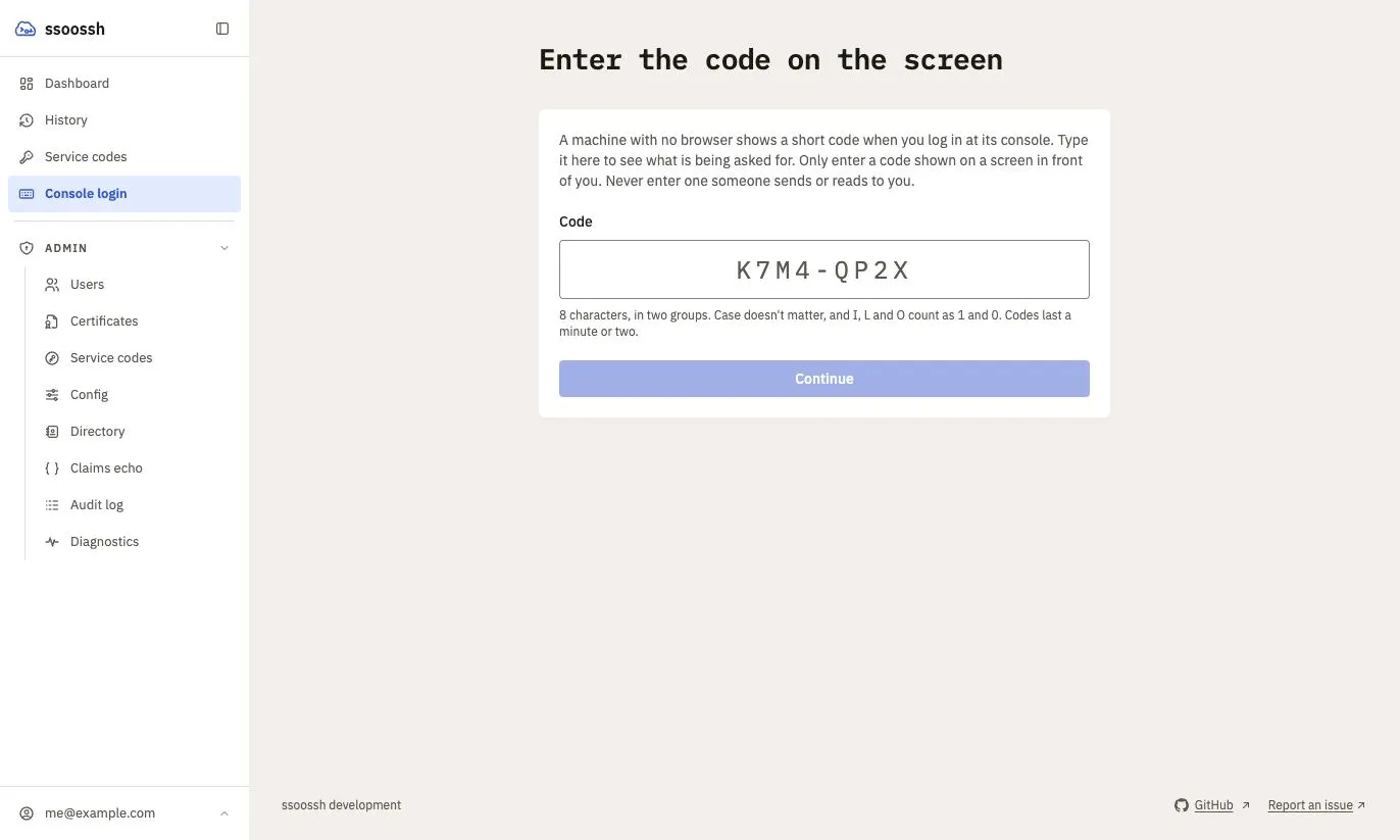 The Console login page: a single code field showing the K7M4-QP2X placeholder, a note that case does not matter and that I, L and O count as 1 and 0, and a Continue button