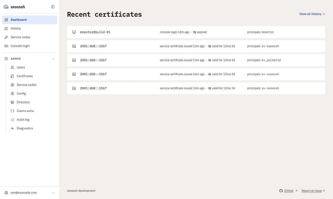 The dashboard with the navigation rail expanded: Dashboard, History, Service codes and Console login above an Admin group of eight entries, the signed-in identity at the bottom, and a Recent certificates list filling the rest of the page