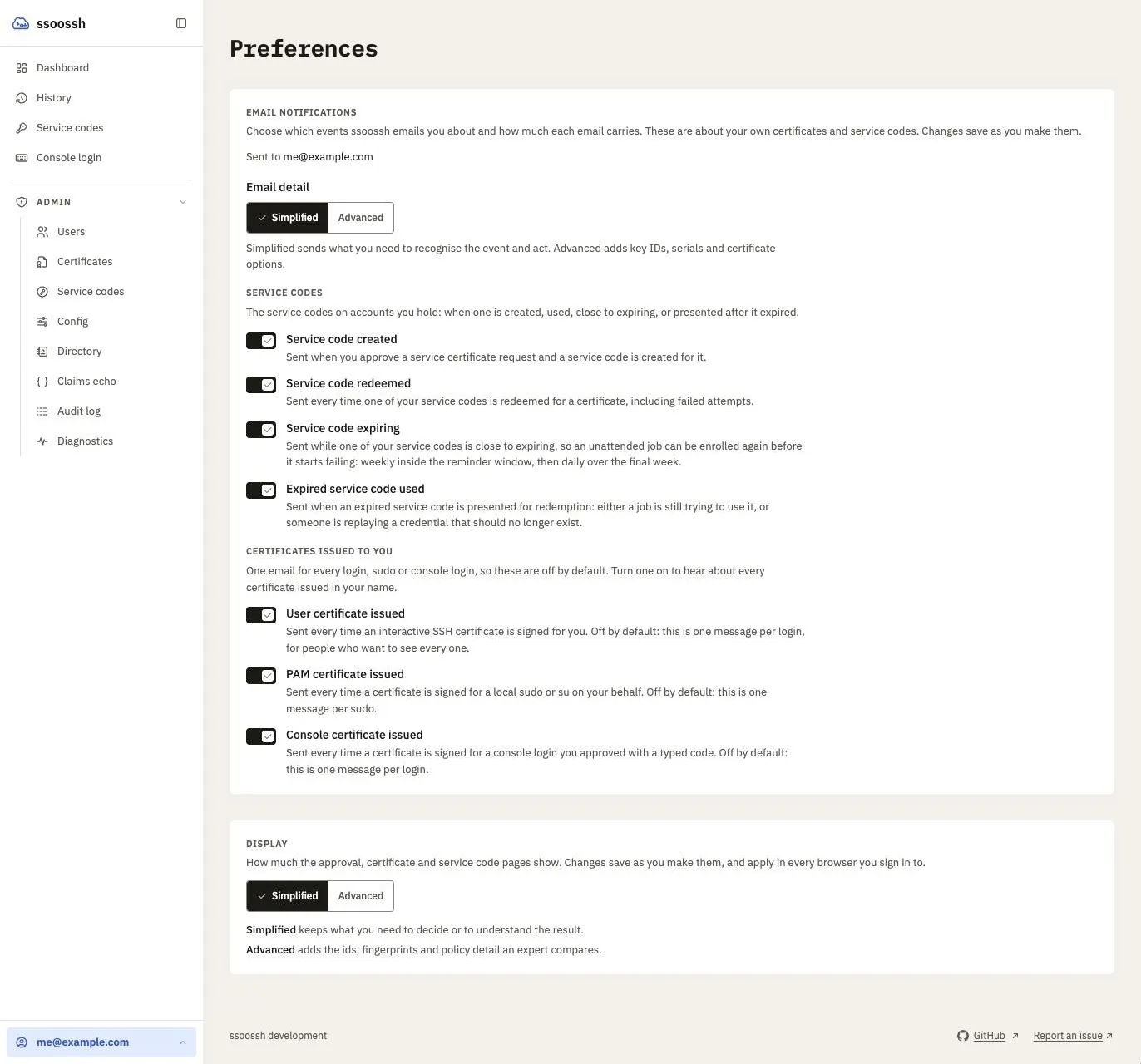 The Preferences page: an Email notifications card showing the address they are sent to, a Simplified or Advanced email detail switch, and seven toggles grouped under Service codes and Certificates issued to you, each with a sentence saying when it is sent; below it a Display card with the Simplified or Advanced switch for the web pages