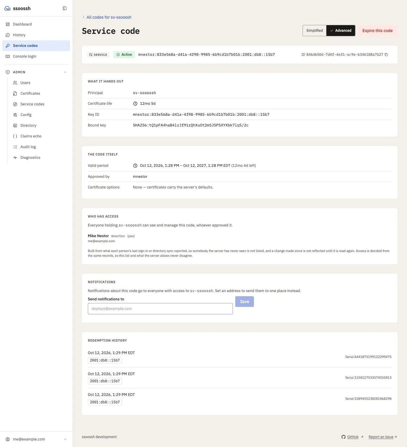 A service code’s page in the Advanced view: What it hands out (principal, certificate life, key ID, bound key), The code itself (valid period, approved by, certificate options), Who has access (one holder), a Notifications address field, and a Redemption history with three entries, each with its address and serial