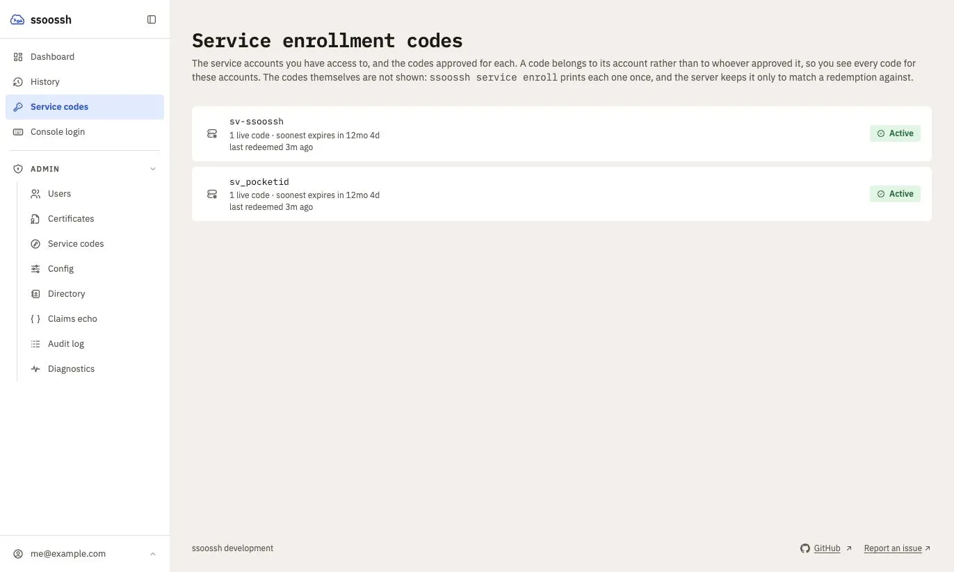 The Service codes page: two service account rows, sv-ssoossh and sv_pocketid, each summarising how many codes are live or expired and when one was last redeemed