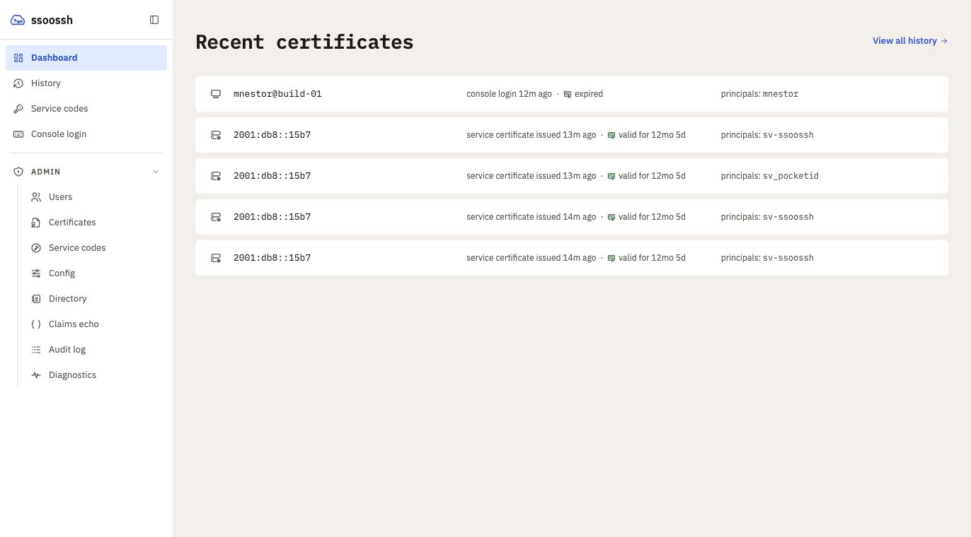 The ssoossh web UI, showing the navigation rail and a list of recently approved certificates